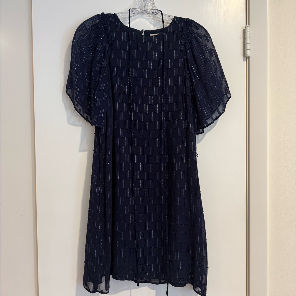 Navy blue and gold LOFT Flutter Sleeve Dress with self tie belt